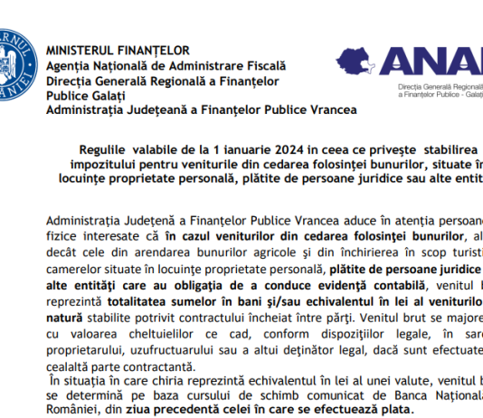 ANAF – regulile valabile de la 1 ianuarie 2024 in ceea ce priveşte stabilirea impozitului pentru veniturile din cedarea folosinţei bunurilor