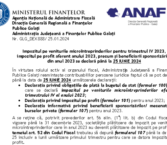 Impozitul pe veniturile microîntreprinderilor pentru trim. IV 2023, impozitul pe profit aferent anului 2023, precum și beneficiarii sponsorizărilor din anul 2023 – se declară până la 25 IUNIE 2024