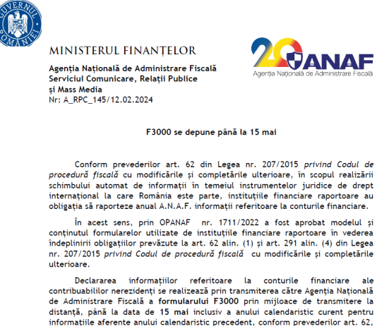 ANAF (oficial) – formularul F 3000 se depune până la 15 mai 2024 (informaţii conturi financiare contribuabili nerezidenți)