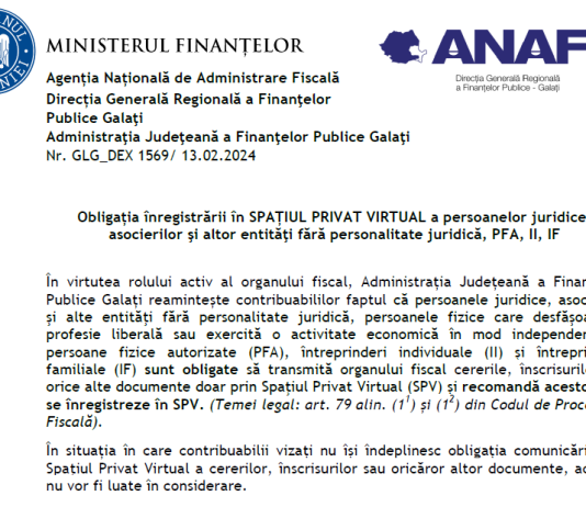 ANAF – obligația înregistrării în SPAȚIUL PRIVAT VIRTUAL a persoanelor juridice, asocierilor şi altor entităţi fără personalitate juridică, PFA, II, IF