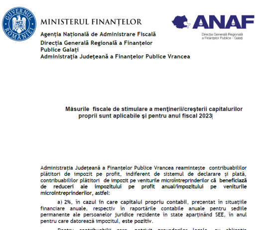 ANAF (oficial) – măsurile fiscale de stimulare a menţinerii/creşterii capitalurilor proprii sunt aplicabile şi pentru anul fiscal 2023
