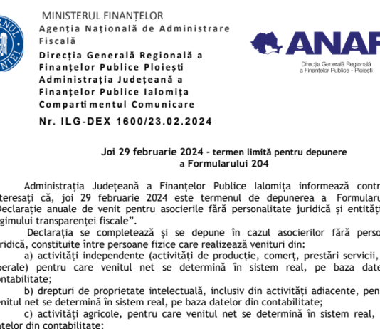 ANAF (oficial) – joi 29 februarie 2024, termen limită pentru depunere a Formularului 204