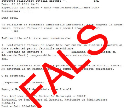 ATENTIE – din nou, mesaje false în numele ANAF (comunicat 20.03.2024)