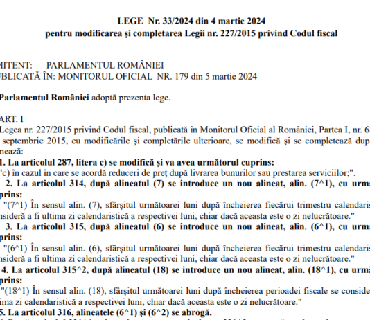 Legea nr. 33/2024 – modificarea şi completarea Legii nr. 227/2015 privind Codul Fiscal (info si text integral)