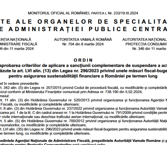 OPANAF nr. 399/2024 – criterii de aplicare a sancțiunii complementare de suspendare a activității (NOU)