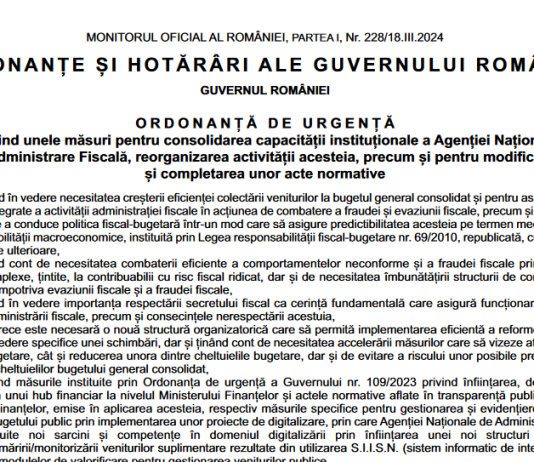 OUG nr. 23/2024 – consolidarea capacității instituționale a Agenției Naționale de Administrare Fiscală (reorganizarea activității)