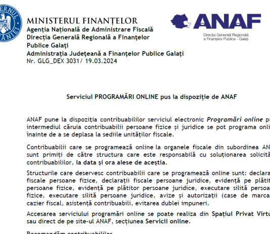 NOU – serviciul PROGRAMĂRI ONLINE pus la dispoziție de ANAF !
