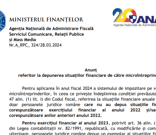 ANAF (nou) – anunț referitor la depunerea situațiilor financiare de către microîntreprinderi in anul 2024