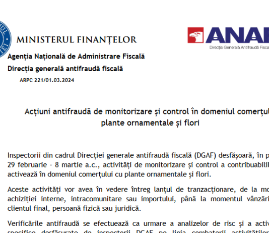 ANAF – acțiuni antifraudă de monitorizare și control în domeniul comerțului cu plante ornamentale și flori