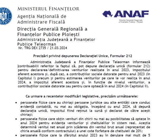 PF care au chiriaşi PJ sau alte entităţi care conduc evidenţă contabilă – nu mai au obligaţia, începând cu anul 2024, să depună Declaraţia Unică