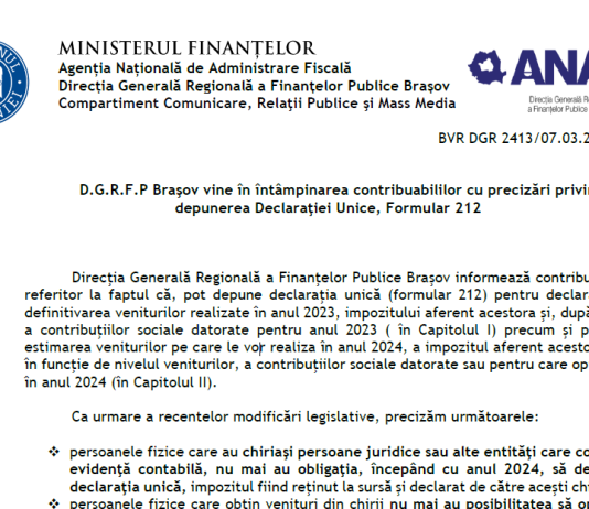 ANAF (oficial) – precizări privind depunerea Declaraţiei Unice, Formular 212, in anul 2024