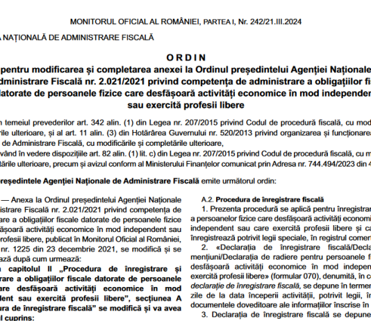 OPANAF nr. 371/2024 – noutati inregistrare PF care desfăşoară activităţi economice în mod independent sau exercită profesii libere