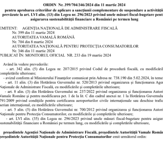 Care sunt noile modificari aduse de OPANAF nr. 399/2024 – precizari oficiale (criterii suspendare activitate)