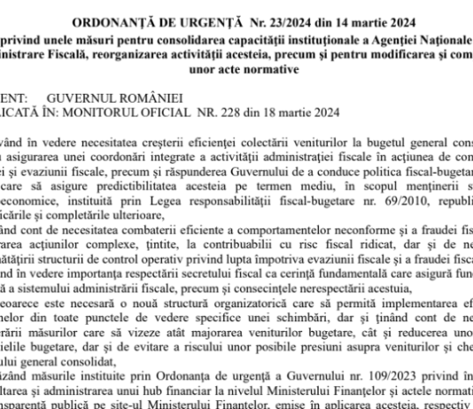 Care sunt noile modificari aduse de OUG nr. 23/2024 – precizari oficiale (reorganizare ANAF)