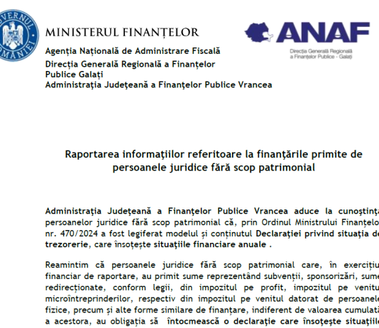 Raportarea informaţiilor referitoare la finanţările primite de persoanele juridice fără scop patrimonial – precizari noi ANAF
