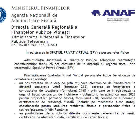 Înregistrarea în SPAȚIUL PRIVAT VIRTUAL (SPV) a persoanelor fizice – material oficial ANAF (2024)