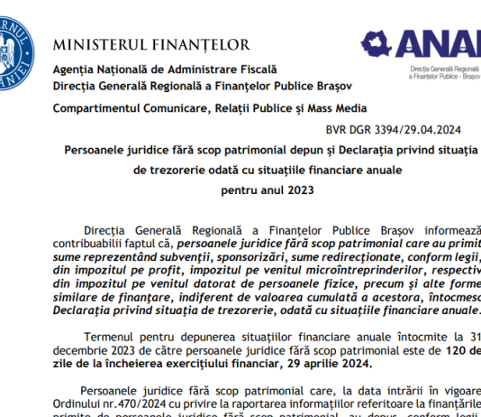 ANAF – persoanele juridice fără scop patrimonial depun şi „Declaraţia privind situaţia de trezorerie” odată cu situaţiile financiare anuale pentru anul 2023
