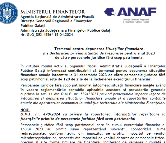 Termenul pentru depunerea Situațiilor financiare și a Declarației privind situația de trezorerie pentru anul 2023 – de către persoanele juridice fără scop patrimonial