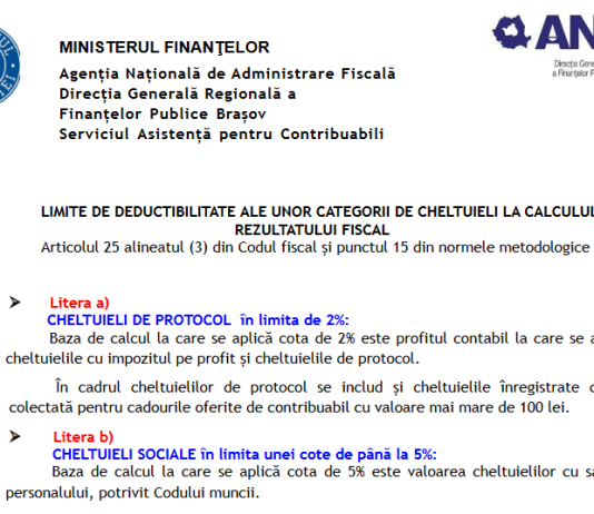 ANAF – limite de deductibilitate ale unor categorii de cheltuieli la calculul rezultatului fiscal (actualizate la nivel de an 2024)