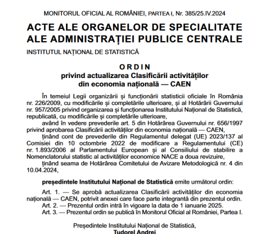 Ordinul INS nr. 377/2024 – actualizarea Clasificării activităților din economia națională (noile coduri CAEN Rev. 3)