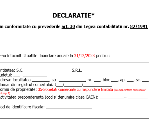 Declarație în conformitate cu prevederile art. 30 din Legea contabilității nr. 82/1991 (dosar bilanț 31.12.2023) – model 2024
