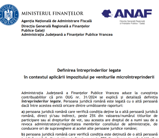 OFICIAL – definirea întreprinderilor legate în contextul aplicării impozitului pe veniturile microîntreprinderii (material ANAF in baza OUG nr. 31/2024)