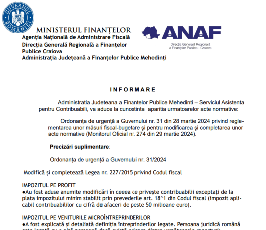 ANAF – informare oficială cu privire la modificările aduse de OUG nr. 31/2024 (impozit profit, intreprinderi legate/micro, TVA, etc.)