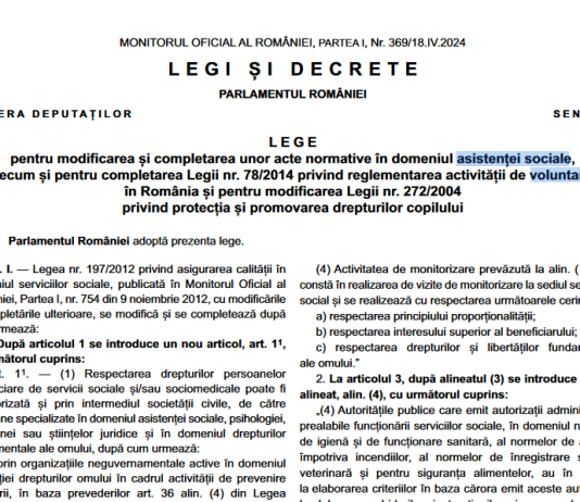 Legea nr. 100/2024 – modificari în domeniul asistenței sociale, în domeniul activității de voluntariat si la protecția și promovarea drepturilor copilului