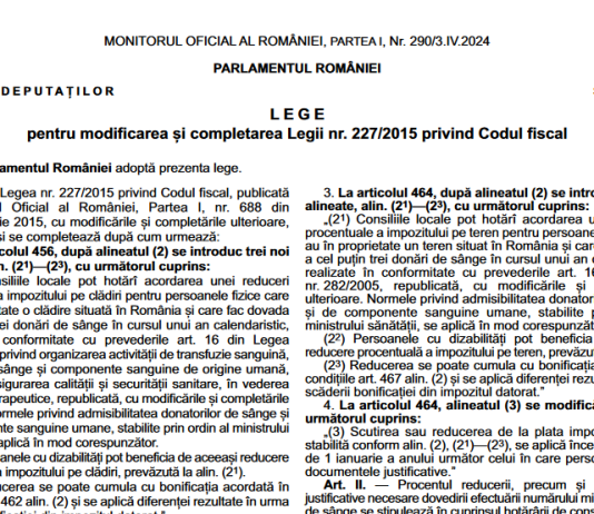 Legea nr. 74/2024 – modificare Cod Fiscal (reduceri la plata impozitelor pe clădiri și terenuri pentru dontorii de sange)