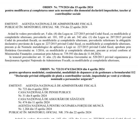 Care sunt schimbarile aduse de – OPANAF nr. 723/2024 (modificari la D 112) si OPANAF nr. 779/2024 (modificari formulare declarare impozite)