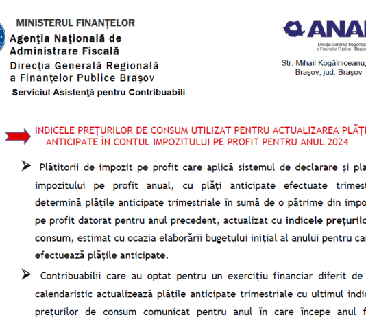 ANAF – indicele preţurilor de consum utilizat pentru actualizarea plăţilor anticipate în contul impozitului pe profit pentru anual 2024