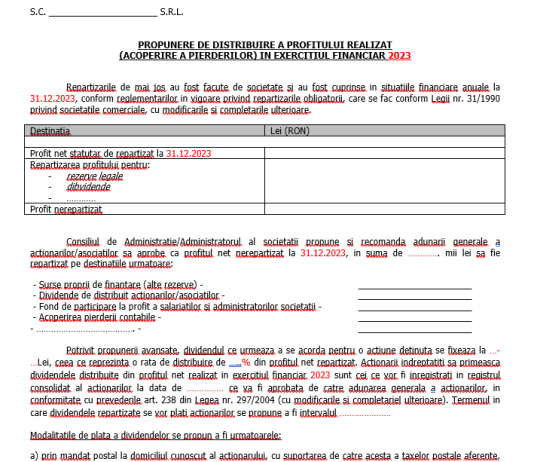 Dosar bilanț la 31.12.2023 (model 2024) – propunere de distribuire a profitului realizat (acoperire a pierderilor)