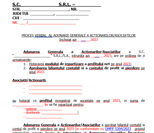 Raport/Proces-Verbal pentru Adunare Generala Asociați/Acționari (model 2024, pentru situație profit) – pentru dosar bilanț 31.12.2023
