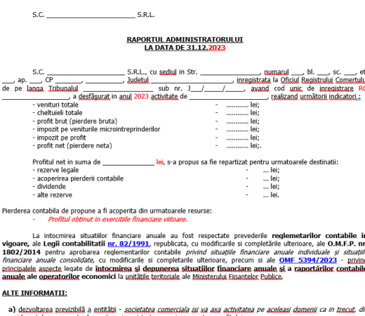 Model 2024 (orientativ, editabil, gratuit) – Raport Administrator pentru bilanț/situații financiare la 31.12.2023