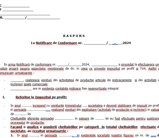 MODEL RASPUNS LA NOTIFICARE DE CONFORMARE – in functie de cerintele notificarii de la ANAF