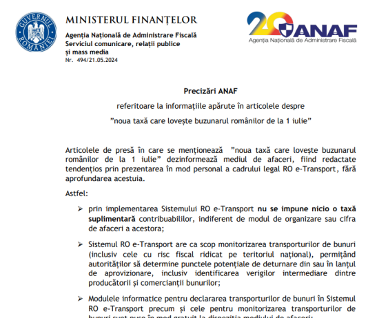 Precizări ANAF – referitoare la informațiile apărute în articolele despre ”noua taxă care lovește buzunarul românilor de la 1 iulie”