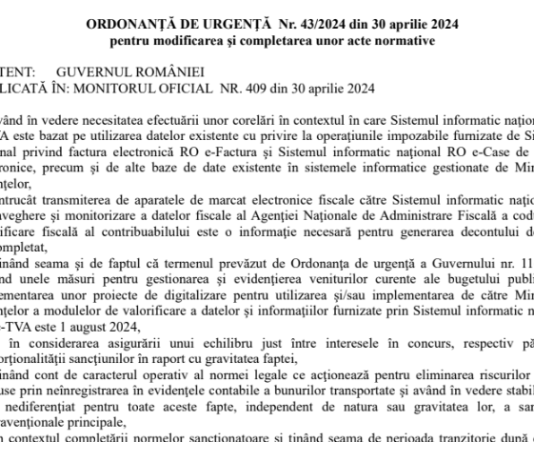 Care sunt modificarile aduse de OUG nr. 43/2024 – case de marcat, e-Transport, Cod Fiscal (info oficial)