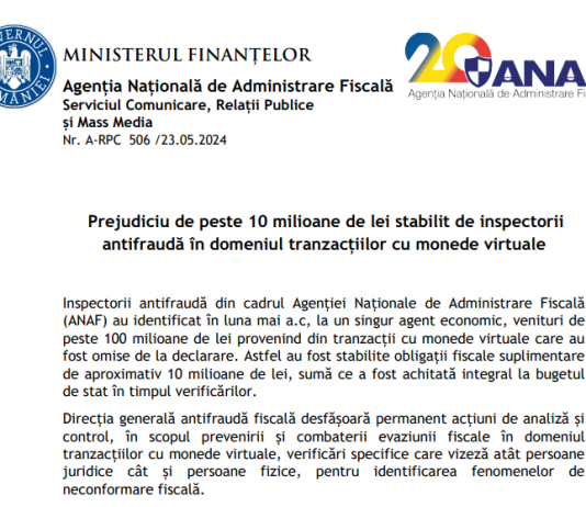 NEWS – prejudiciu de peste 10 milioane de lei stabilit de inspectorii Antifraudă în domeniul tranzacțiilor cu monede virtuale
