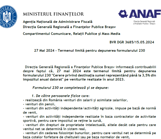 27 Mai 2024 – termenul limită pentru depunerea formularului 230 (info ANAF)