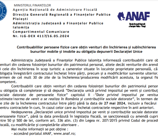 Comunicat nou ANAF cu privire la declararea chiriilor in anul 2024 – obligatii D 212