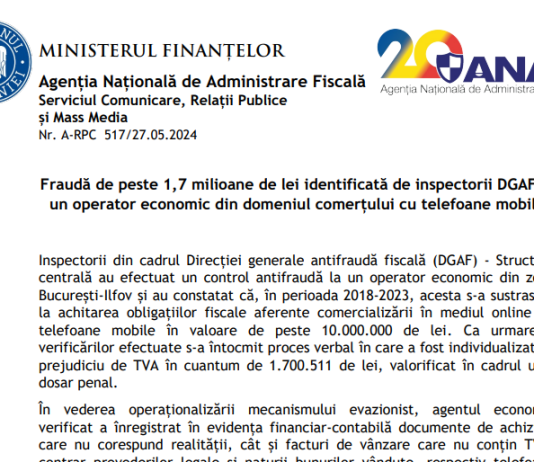 NEWS – fraudă de peste 1,7 milioane de lei identificată de inspectorii DGAF la un operator economic din domeniul comerțului cu telefoane mobile