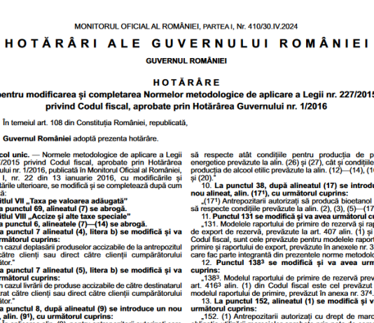 HG nr. 451/2024 – modificarea și completarea Normelor metodologice de aplicare a Legii nr. 227/2015 privind Codul Fiscal
