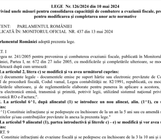 Modificări legea evaziunii fiscale – care sunt ultimele modificari aduse de Legea nr. 126/2024 (ex. – infracțiune legată de creditarea societăților, efectuată de persoanele fizice)