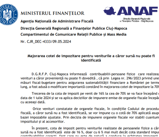 Majorarea cotei de impozitare pentru veniturile a căror sursă nu poate fi identificată – clarificari ANAF (mai 2024)