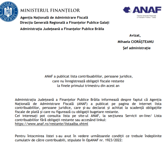 NEWS – lista contribuabililor, persoane juridice, care nu înregistrează obligaţii fiscale restante la finele primului trimestru din acest an (oficial)
