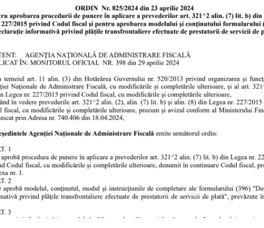 OPANAF nr. 825/2024 – o nouă declarație informativă, F 396 (info oficial si text integral)