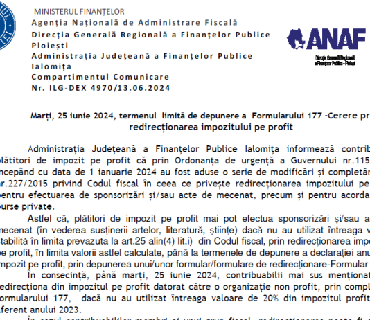 ANAF – marți, 25 iunie 2024, termenul limită de depunere a Formularului 177 (cerere privind redirecționarea impozitului pe profit)