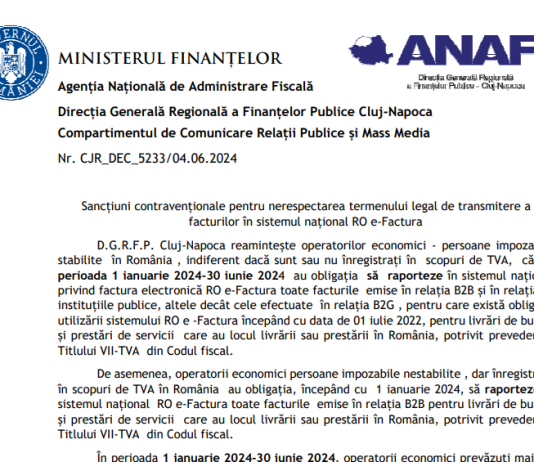 ANAF – sancțiuni contravenționale pentru nerespectarea termenului legal de transmitere a facturilor în sistemul național RO e-Factura (iunie 2024)