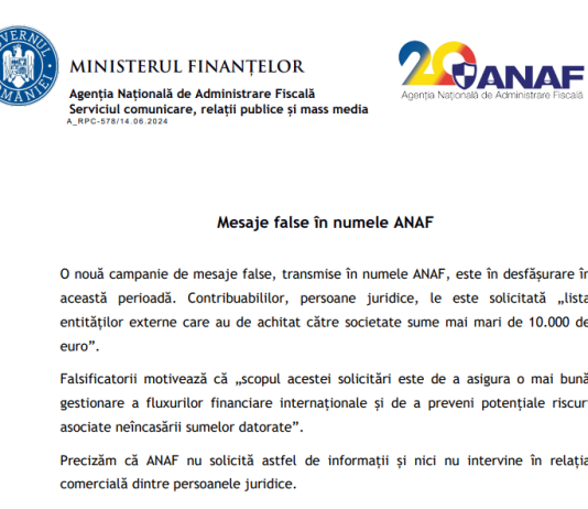 NEWS – mesaje false în numele ANAF si tentativă de înșelăciune în numele Direcției Generale Antifraudă Fiscală