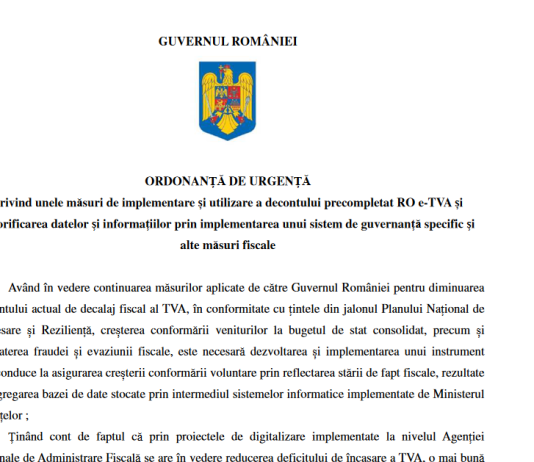 MF – proiecte noi de ordin, pentru aprobarea Sistemului de raportare contabilă la 30.06.2024 si pentru măsuri de implementare și utilizare a decontului precompletat RO e-TVA